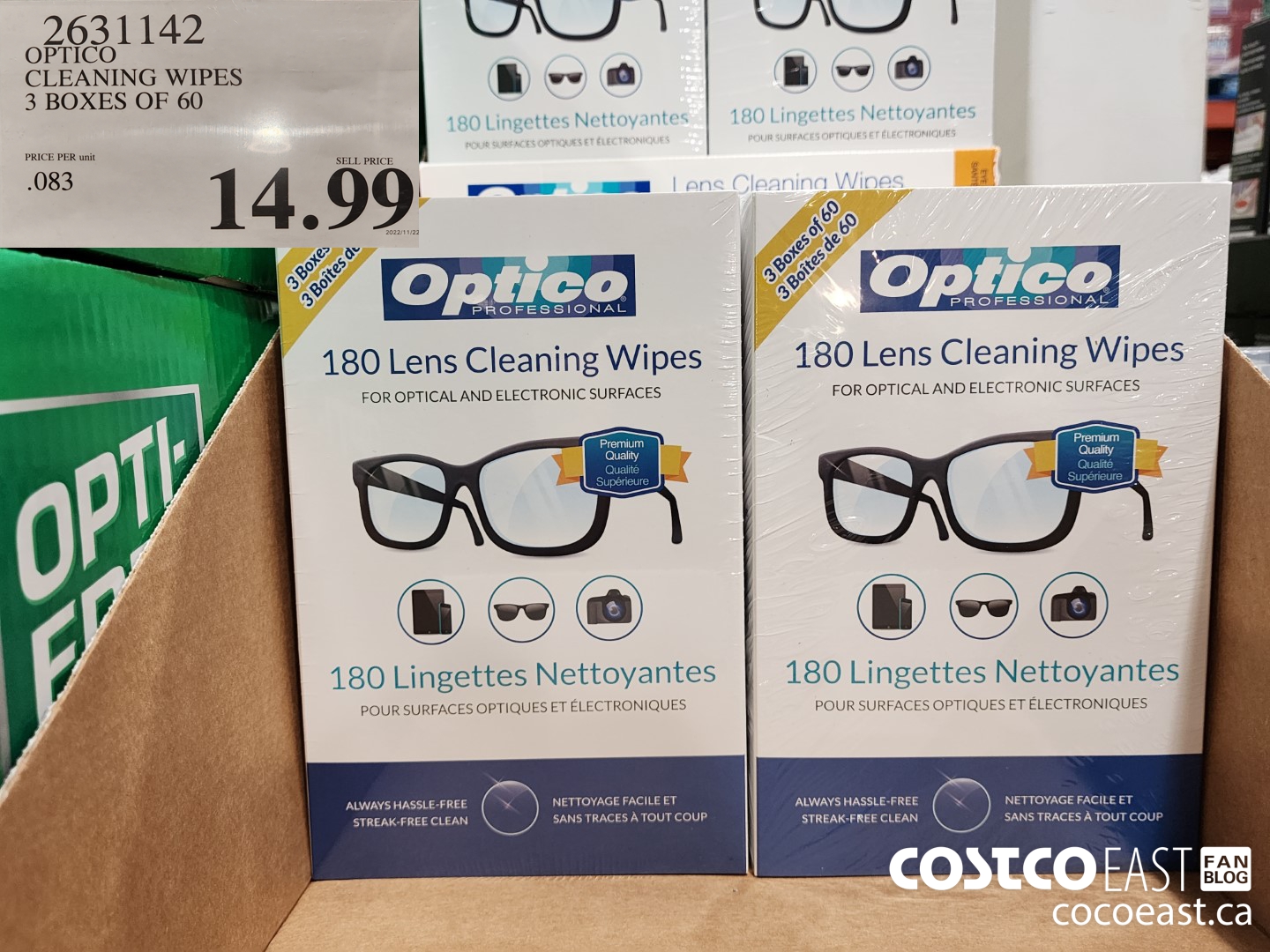 2631142 OPTICO CLEANING WIPES 3 BOXES OF 60 $14.99