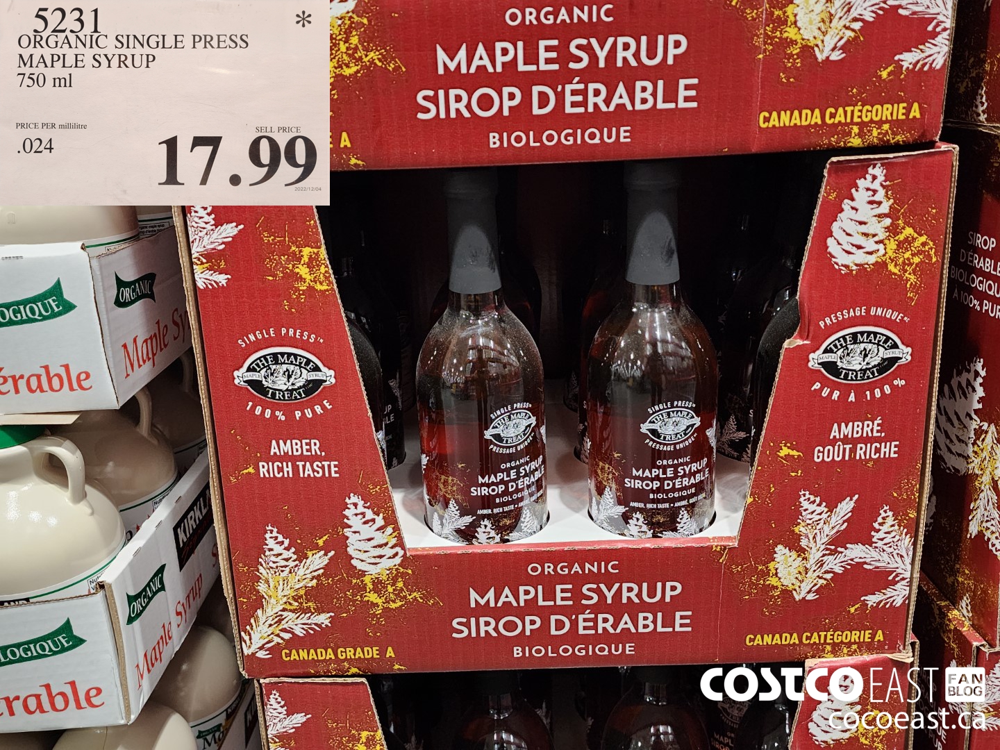 5231 ORGANIC SINGLE PRESS MAPLE SYRUP 750 ml $17.99
