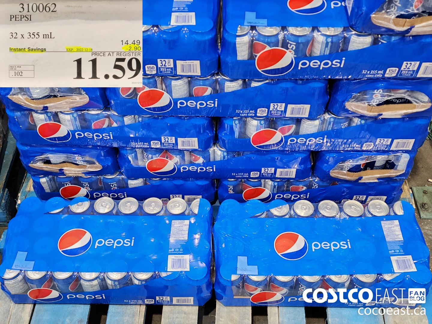 310062 PEPSI 32 X 355 ML ($2.90 INSTANT SAVINGS EXPIRES ON 2022-12-18) $11.59