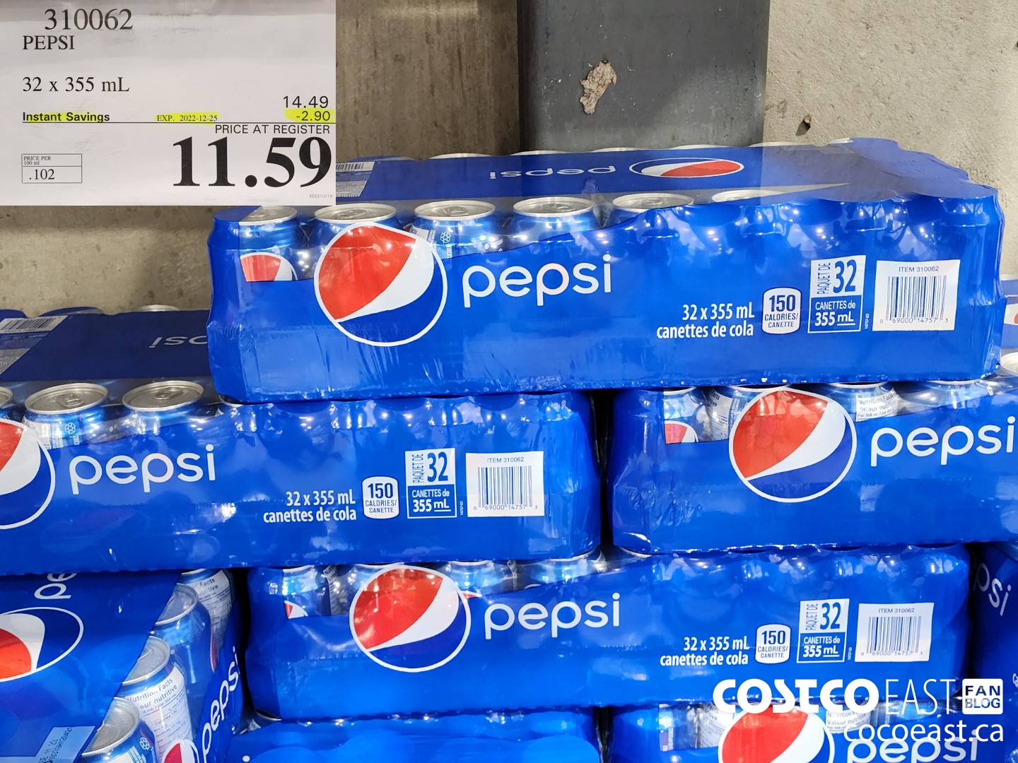 310062 PEPSI 32 X 355 ML ($2.90 INSTANT SAVINGS EXPIRES ON 2022-12-25) $11.59