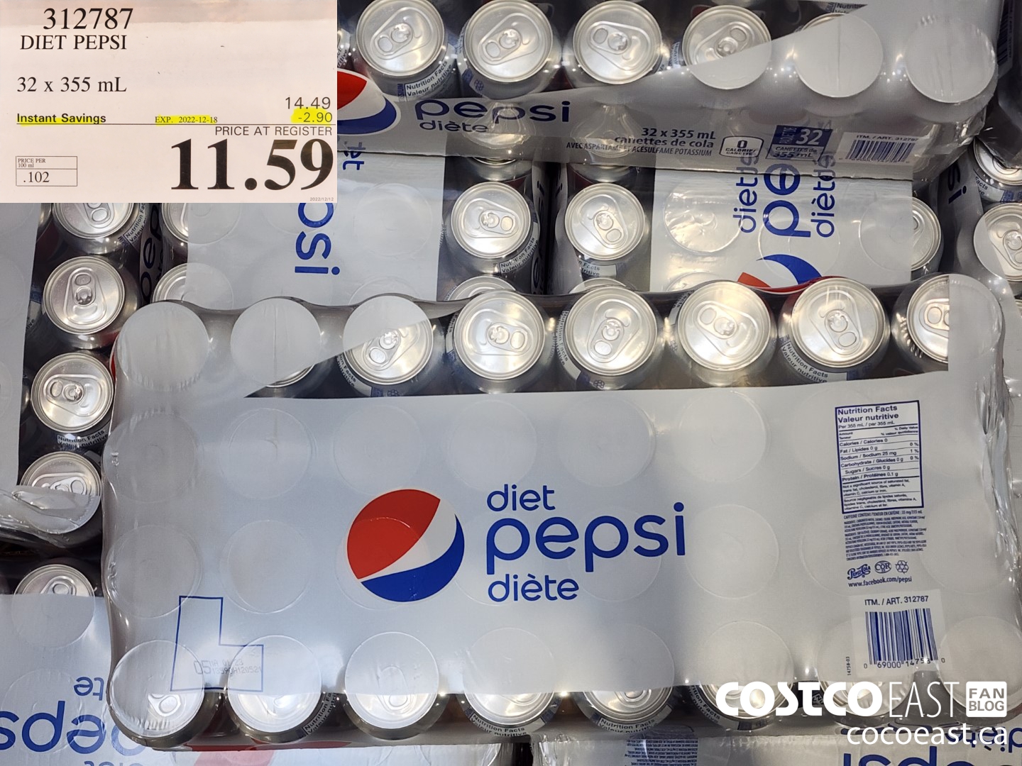 312787 PEPSI DIETE 32 X 355 ($2.90 INSTANT SAVINGS EXPIRES ON 2022-12-18) $11.59