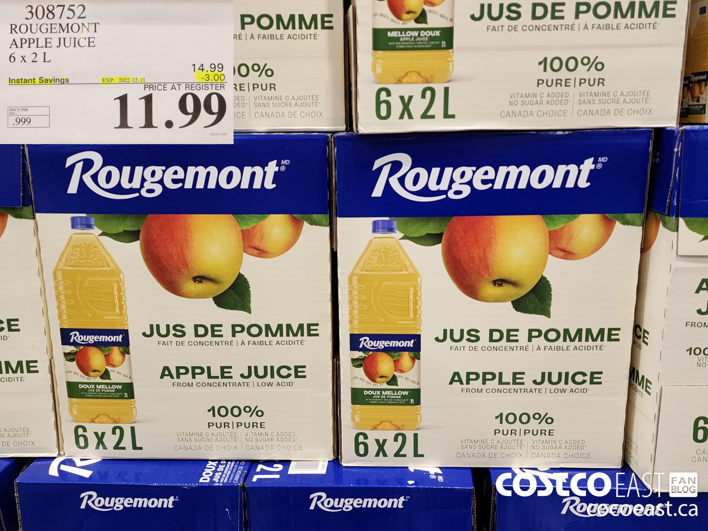308752 ROUGEMONT APPLE JUICE 6 X 2 L ($3.00 INSTANT SAVINGS EXPIRES ON 2022-12-11) $11.99