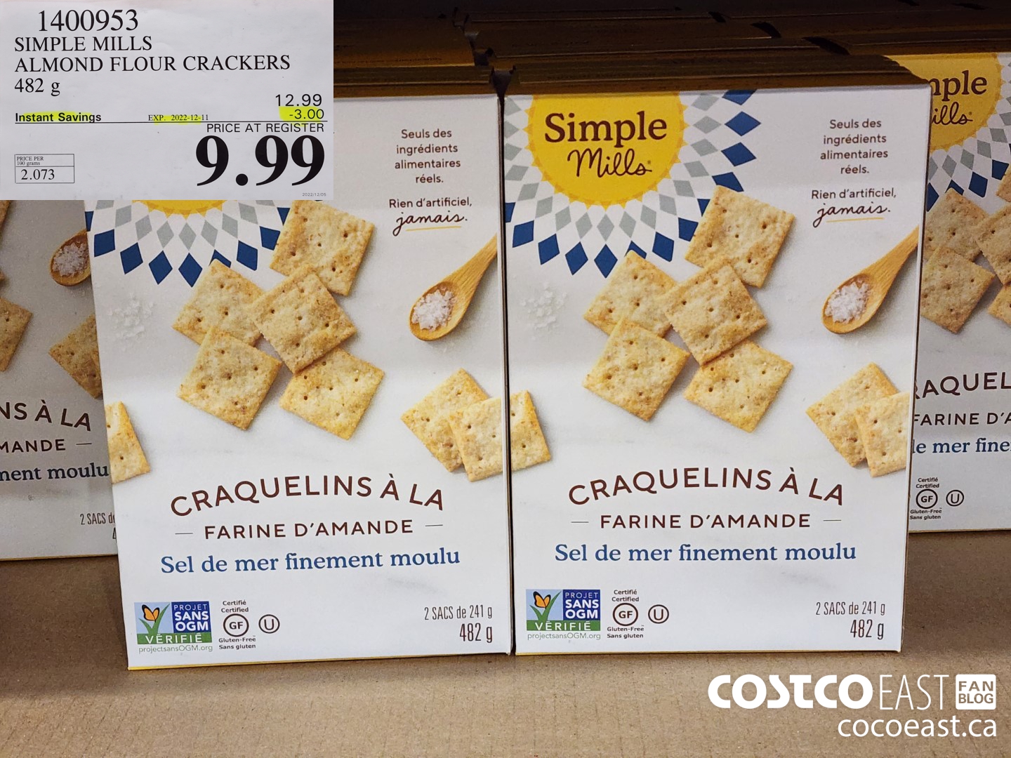 1400953 SIMPLE MILLS ALMOND FLOUR CRACKERS 482 G ($3.00 INSTANT SAVINGS EXPIRES ON 2022-12-11) $9.99