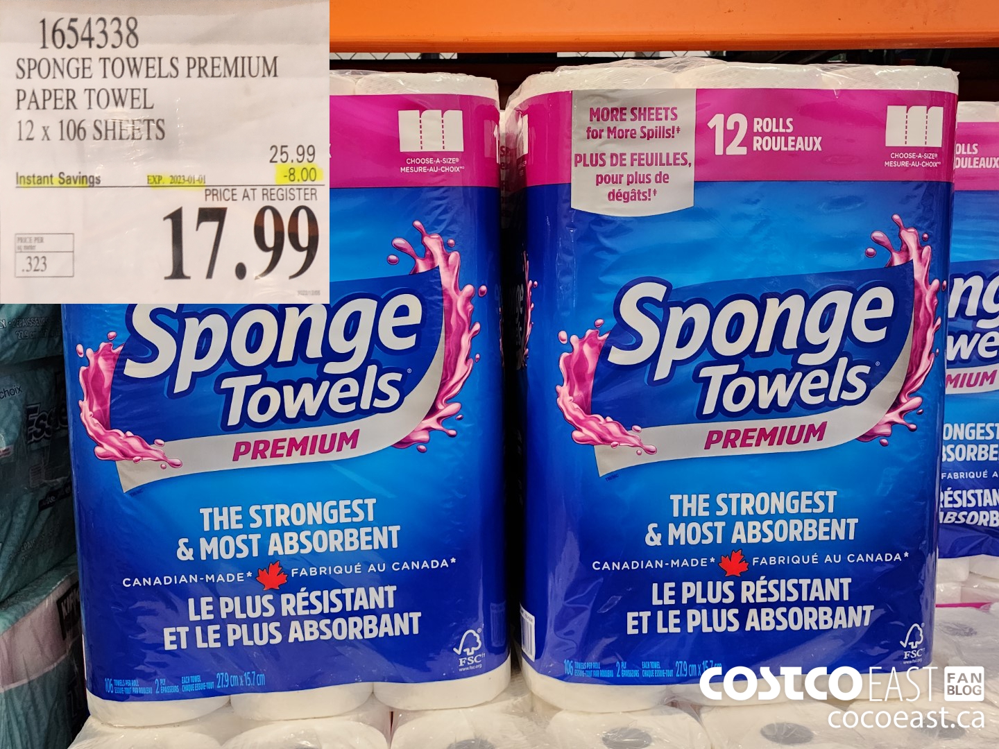 1654338 SPONGE TOWELS PREMIUM PAPER TOWEL 12 x 106 SHEETS ($8.00 INSTANT SAVINGS EXPIRES ON 2023-01-01) $17.99