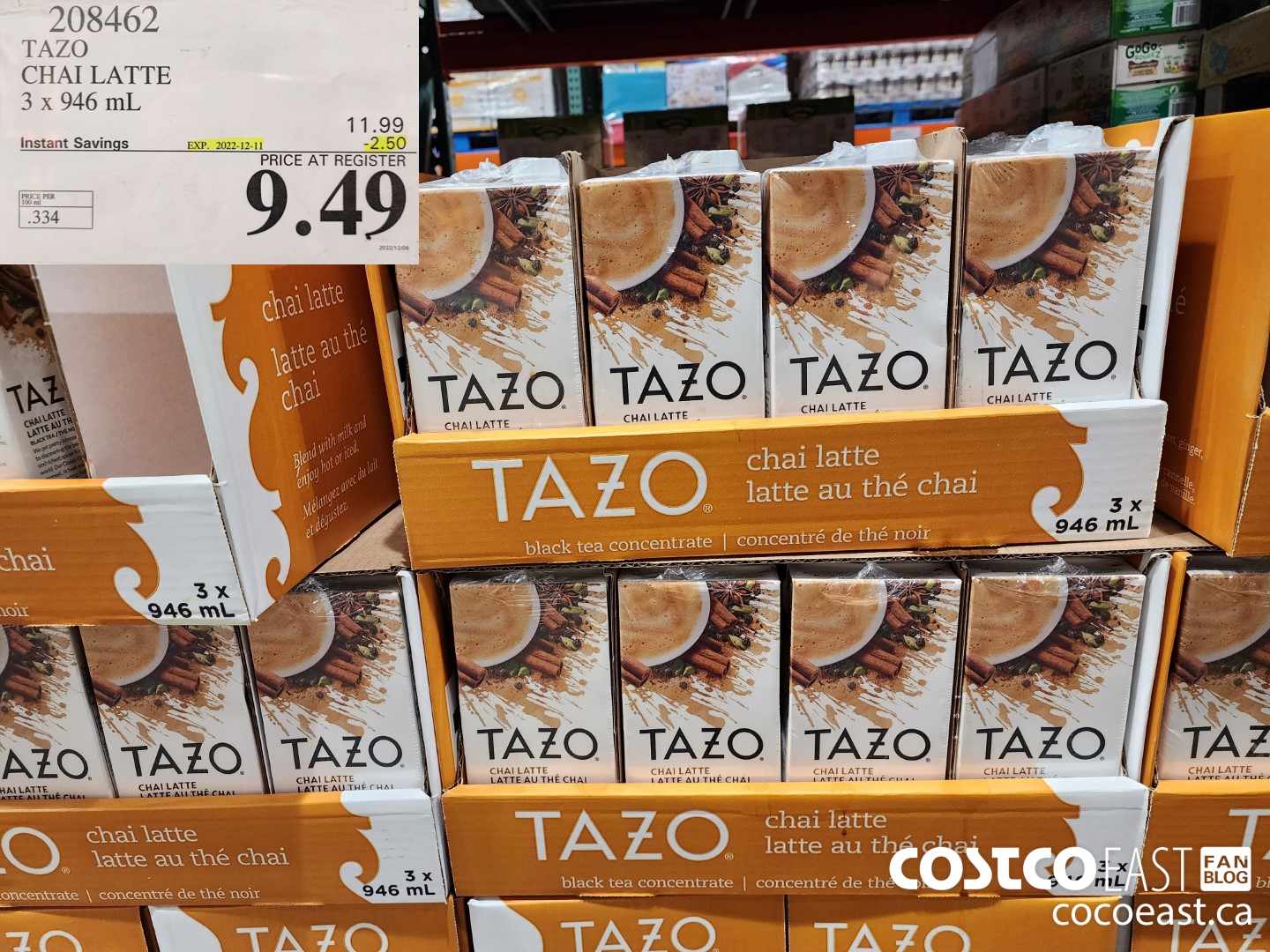 208462 TAZO CHAI LATTE 3 X 946 ML ($2.50 INSTANT SAVINGS EXPIRES ON 2022-12-11) $9.49