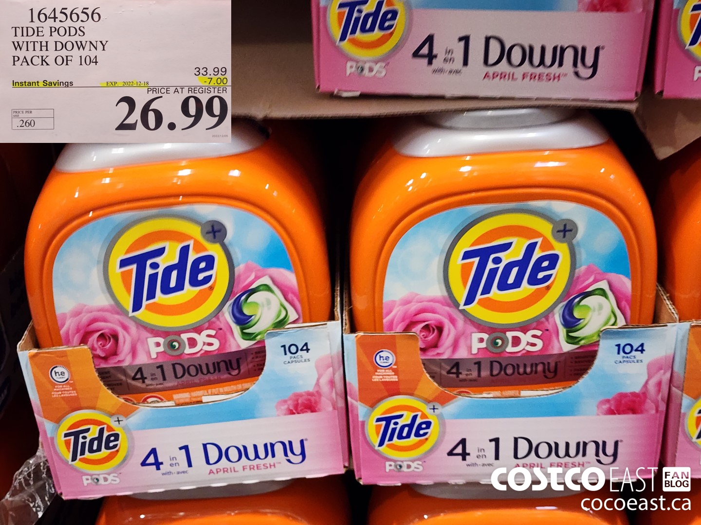 1645656 TIDE PODS WITH DOWNY PACK OF 104 ($7.00 INSTANT SAVINGS EXPIRES ON 2022-12-18) $26.99