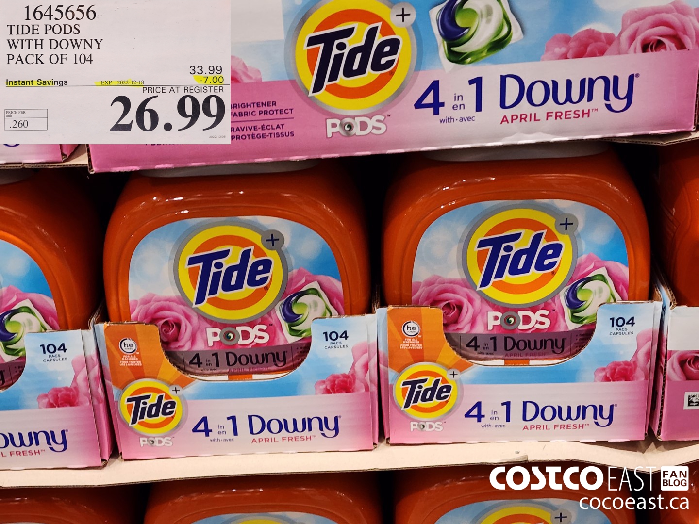 1645656 TIDE PODS WITH DOWNY PACK OF 104 ($7.00 INSTANT SAVINGS EXPIRES ON 2022-12-18) $26.99