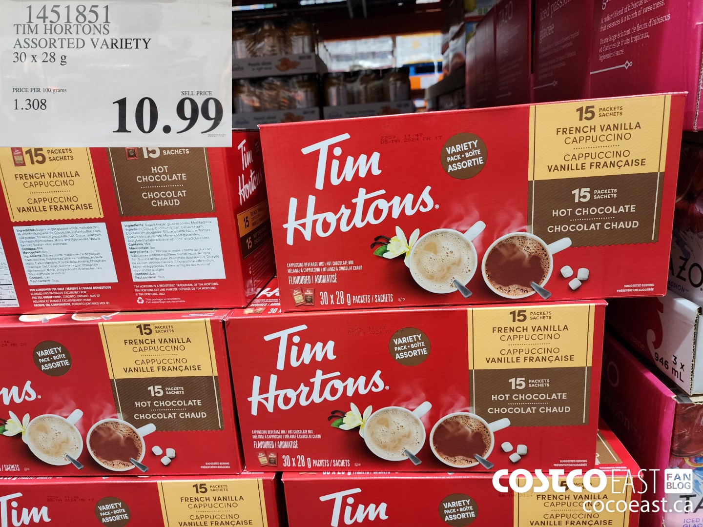 1451851 TIM HORTONS HOT CHOCOLATE 30 X 28G $10.99