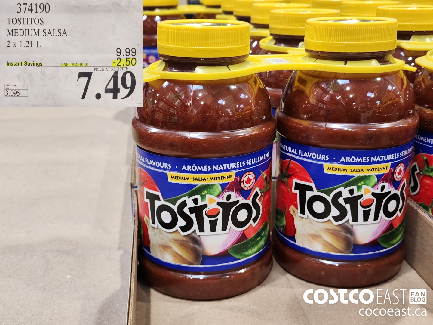 374190 TOSTITOS MEDIUM SALSA 2 X 1.21 L ($2.50 INSTANT SAVINGS EXPIRES ON 2023-01-01) $7.49