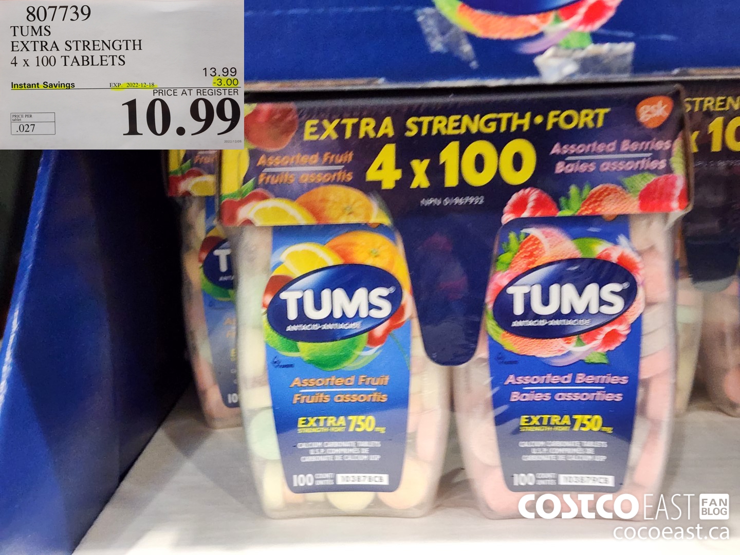 807739 TUMS EXTRA STRENGTH 4 x 100 TABLETS ($3.00 INSTANT SAVINGS EXPIRES ON 2022-12-18) $10.99