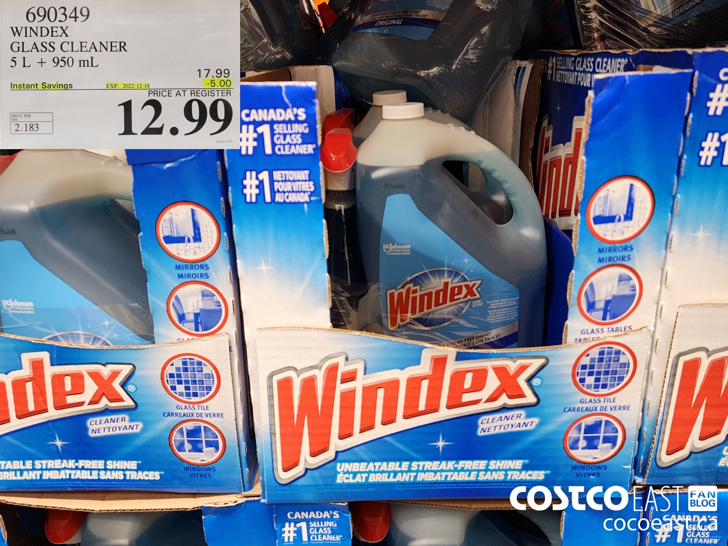 690349 WINDEX GLASS CLEANER 5 L + 950 ML ($5.00 INSTANT SAVINGS EXPIRES ON 2022-12-18) $12.99