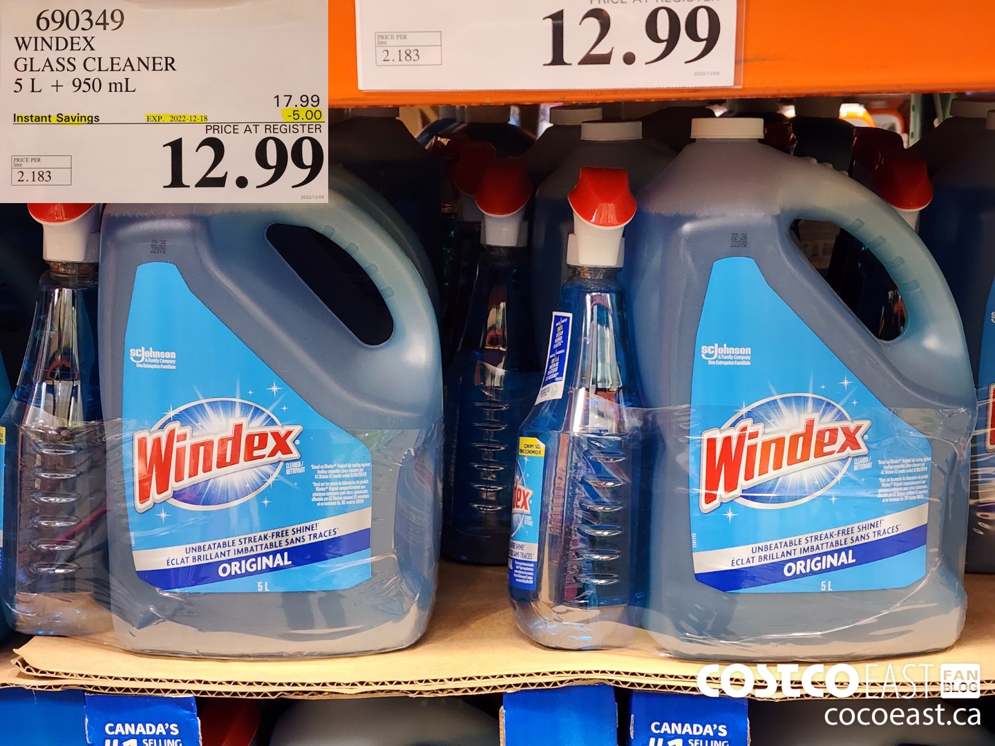 690349 WINDEX GLASS CLEANER 5 L + 950 ML ($5.00 INSTANT SAVINGS EXPIRES ON 2022-12-18) $12.99