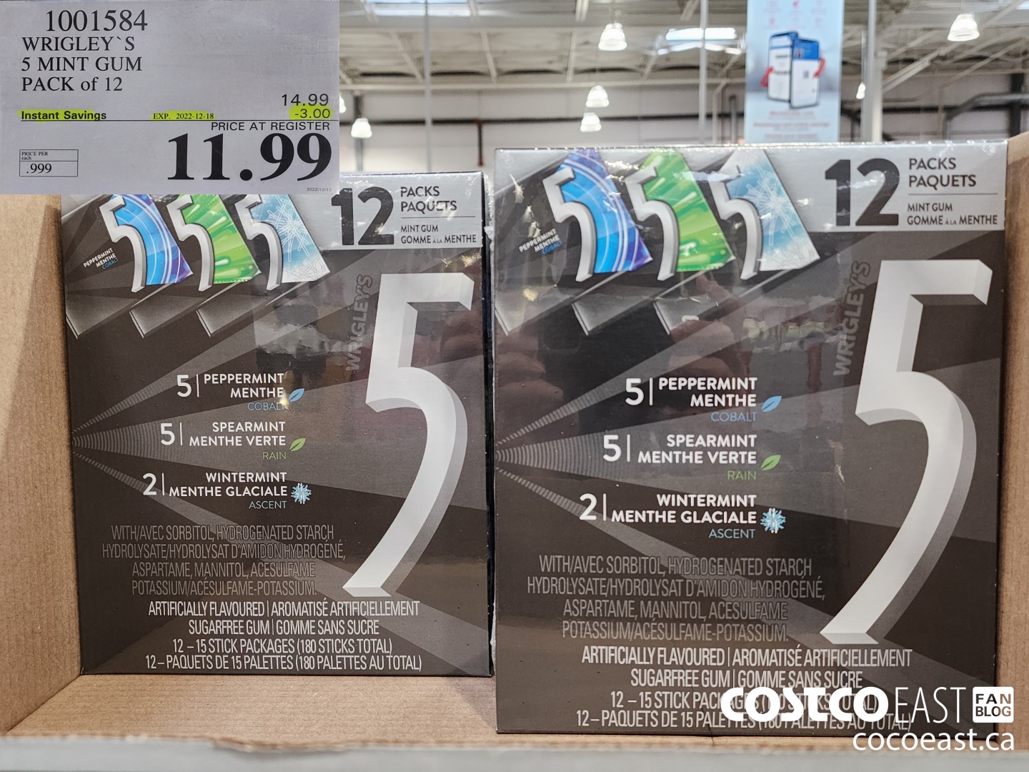 1001584 WRIGLEY'S 5 MINT GUM PACK OF 12 ($3.00 INSTANT SAVINGS EXPIRES ON 2022-12-18) $11.99