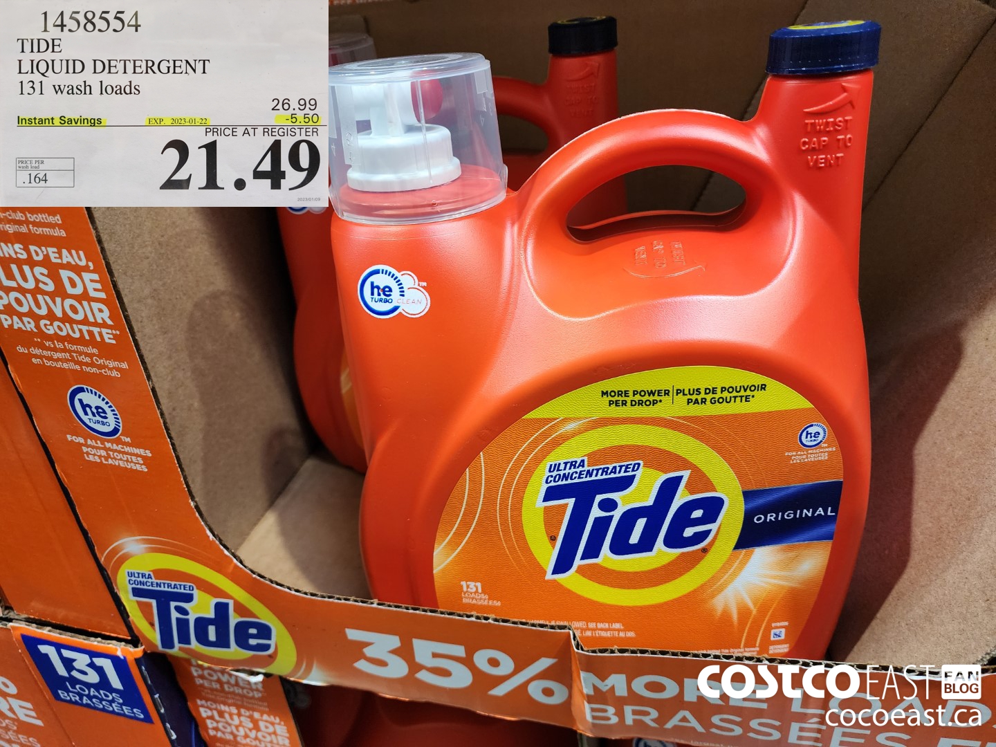 1458554 TIDE LIQUID DETERGENT 131 wash loads ($5.50 INSTANT SAVINGS EXPIRES ON 2023-01-22) $21.49