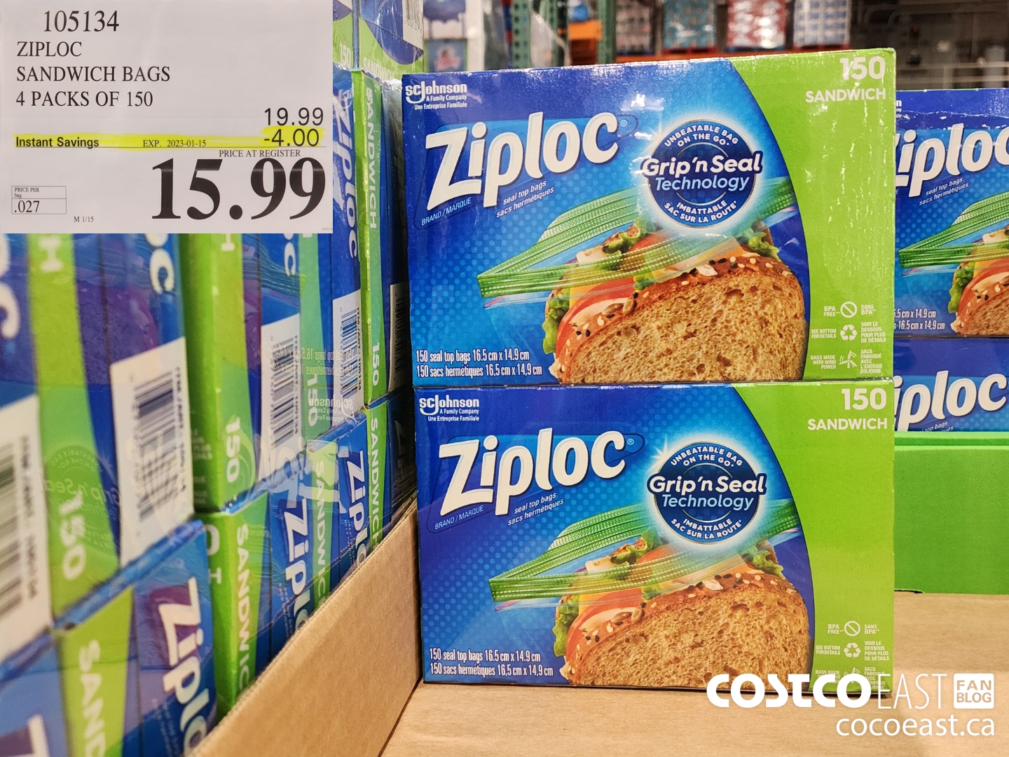105134 ZIPLOC SANDWICH BAGS 4 PACKS OF 150 SACS ($4.00 INSTANT SAVINGS EXPIRES ON 2023-01-15) $15.99