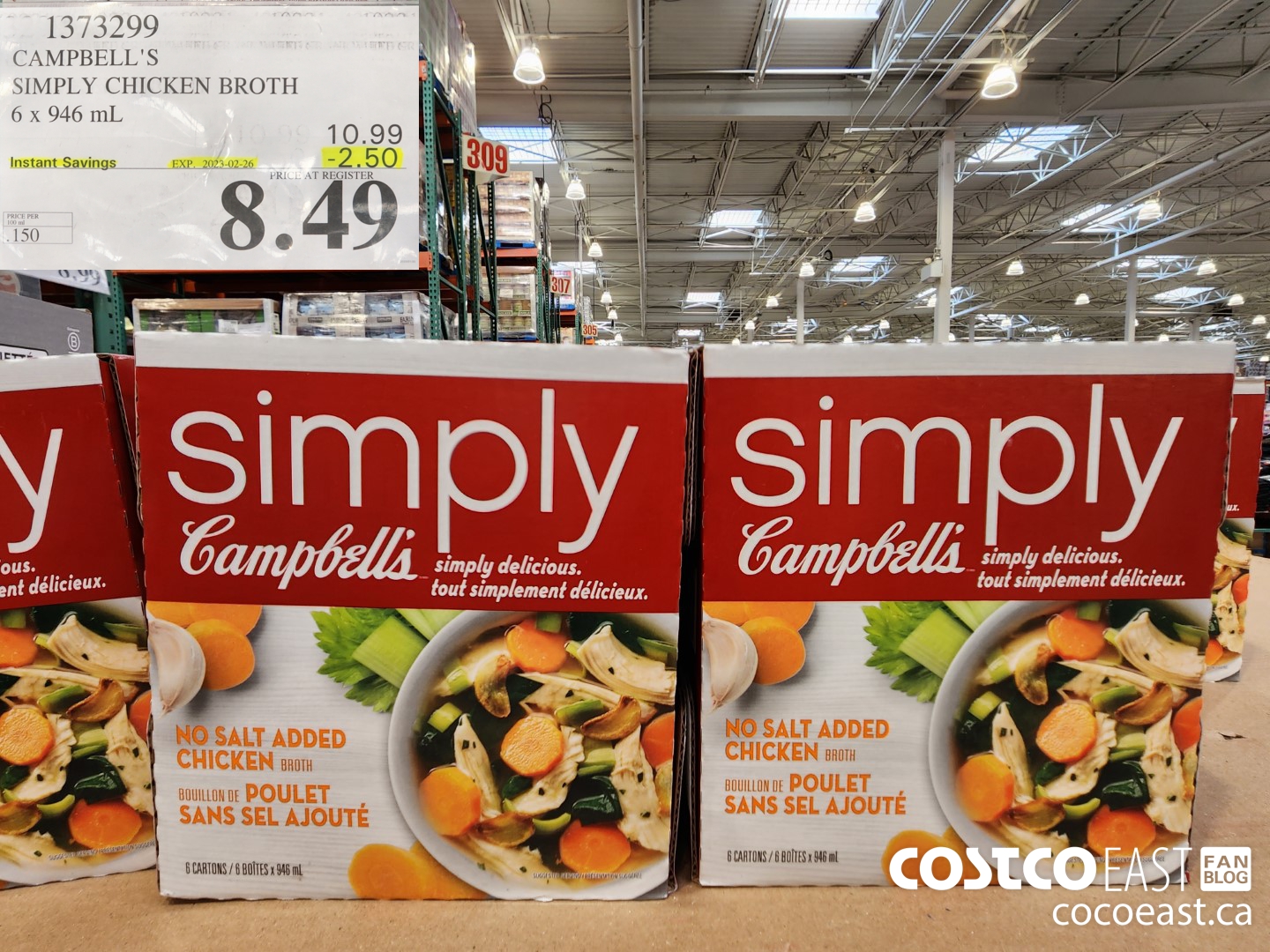 1373299 CAMPBELL'S SIMPLY CHICKEN BROTH 6 x 946 mL ($2.50 INSTANT SAVINGS EXPIRES ON 2023-02-26) $8.49
