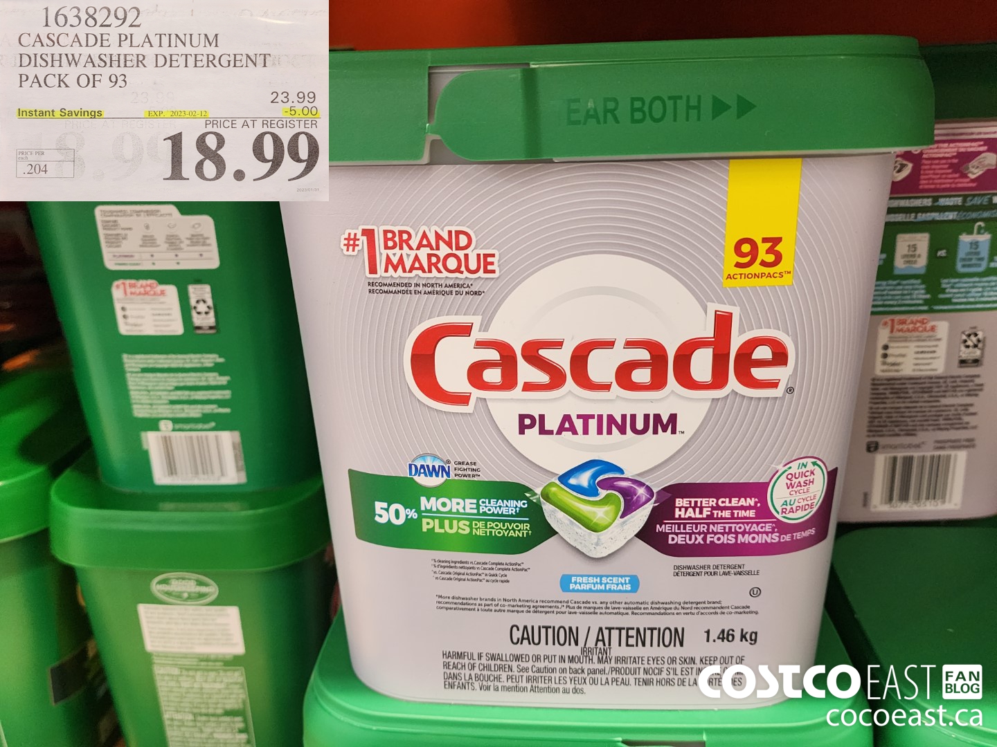 1638292 CASCADE PLATINUM DISHWASHER DETERGENT PACK OF 93 ($5.00 INSTANT SAVINGS EXPIRES ON 2023-02-12) $18.99