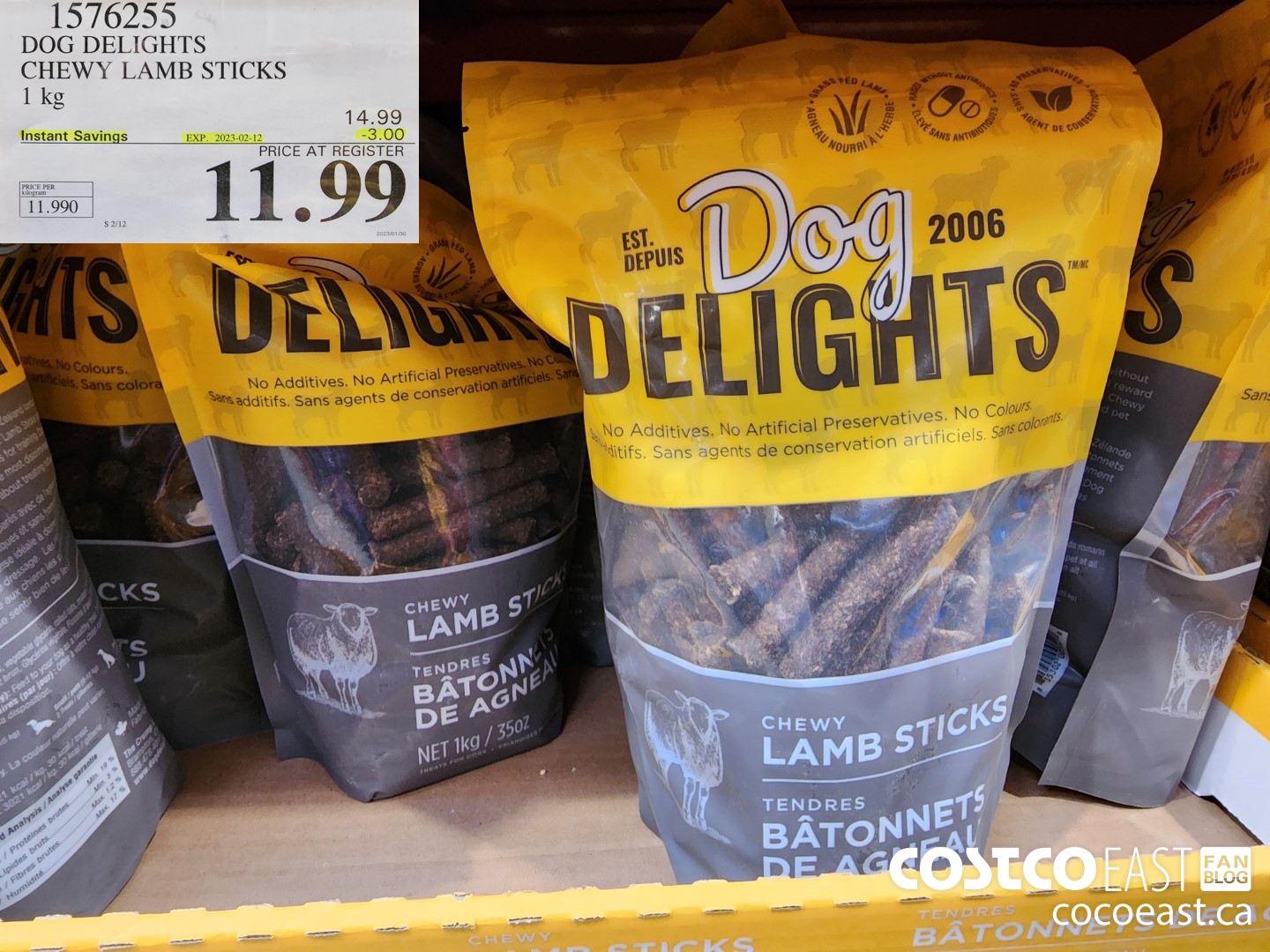 1576255 DOG DELIGHTS CHEWY LAMB STICKS 1 kg ($3.00 INSTANT SAVINGS EXPIRES ON 2023-02-12) $11.99