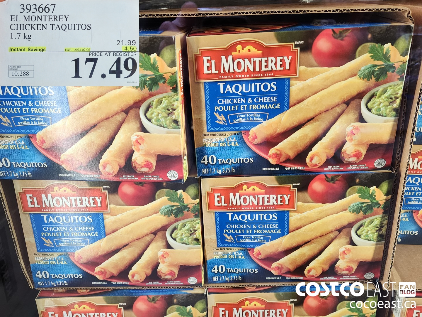 393667 EL MONTEREY CHICKEN TAQUITOS 1.7 KG ($4.50 INSTANT SAVINGS EXPIRES ON 2023-02-05) $17.49