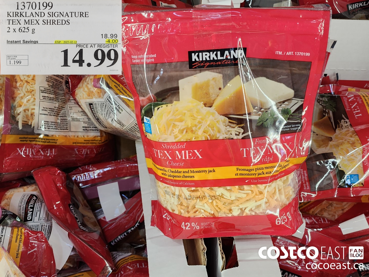 1370199 KIRKLAND SIGNATURE TEX MEX SHREDS 2 X 625G ($4.00 INSTANT SAVINGS EXPIRES ON 2023-02-12) $14.99