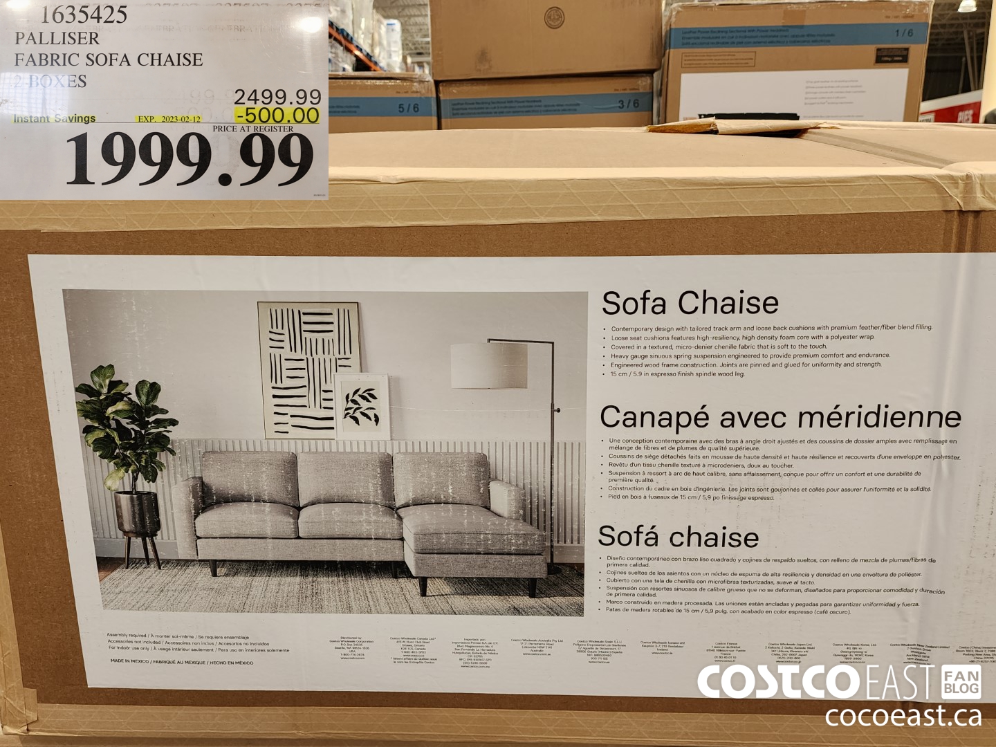 1635425 PALLISER FABRIC SOFA CHAISE 2 BOXES ($500.00 INSTANT SAVINGS EXPIRES ON 2023-02-12) $1999.99