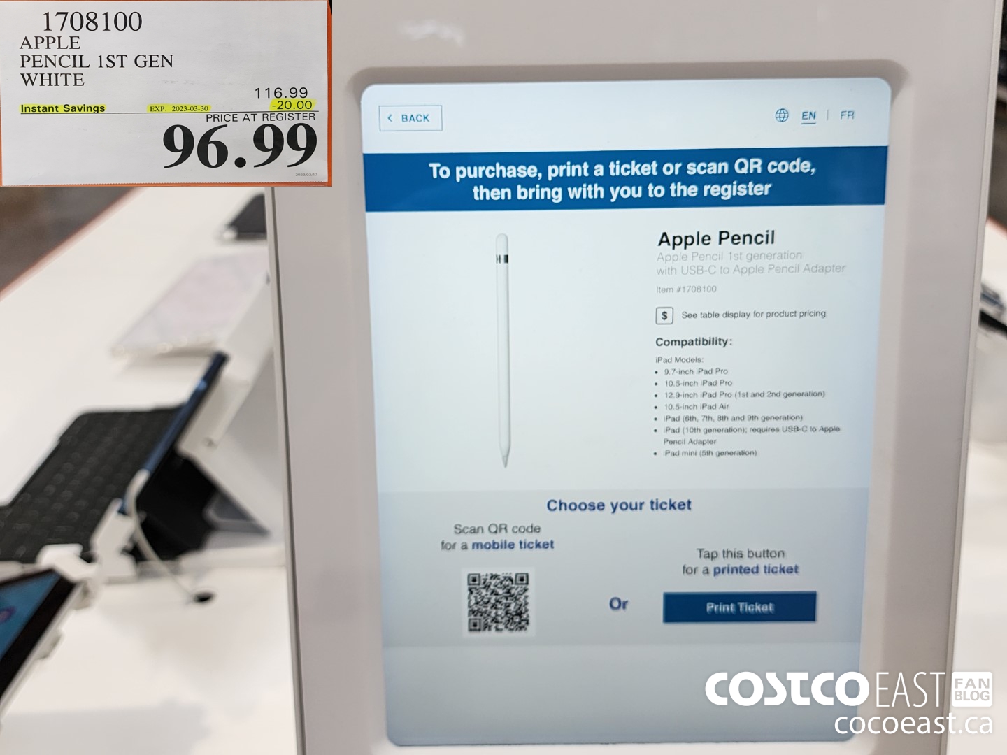 1708100 APPLE PENCIL 1st GEN WHITE ($20.00 INSTANT SAVINGS EXPIRES ON 2023-03-30) $96.99