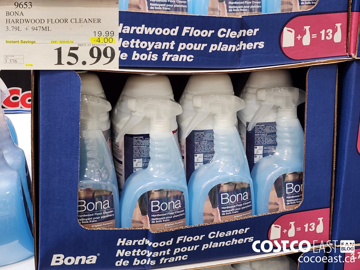 9653 BONA HARDWOOD FLOOR CLEANER 3.79L + 947ML ($4.00 INSTANT SAVINGS EXPIRES ON 2023-03-26) $15.99