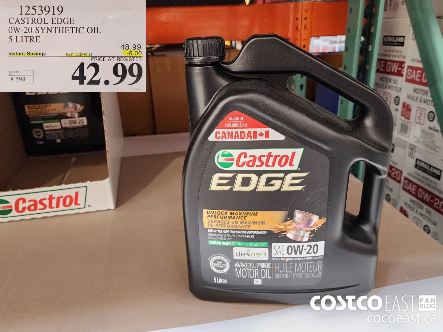 1253919 CASTROL EDGE 0W20 SYNTHETIC OIL 5 LITRE ($6.00 INSTANT SAVINGS EXPIRES ON 2023-03-23) $42.99