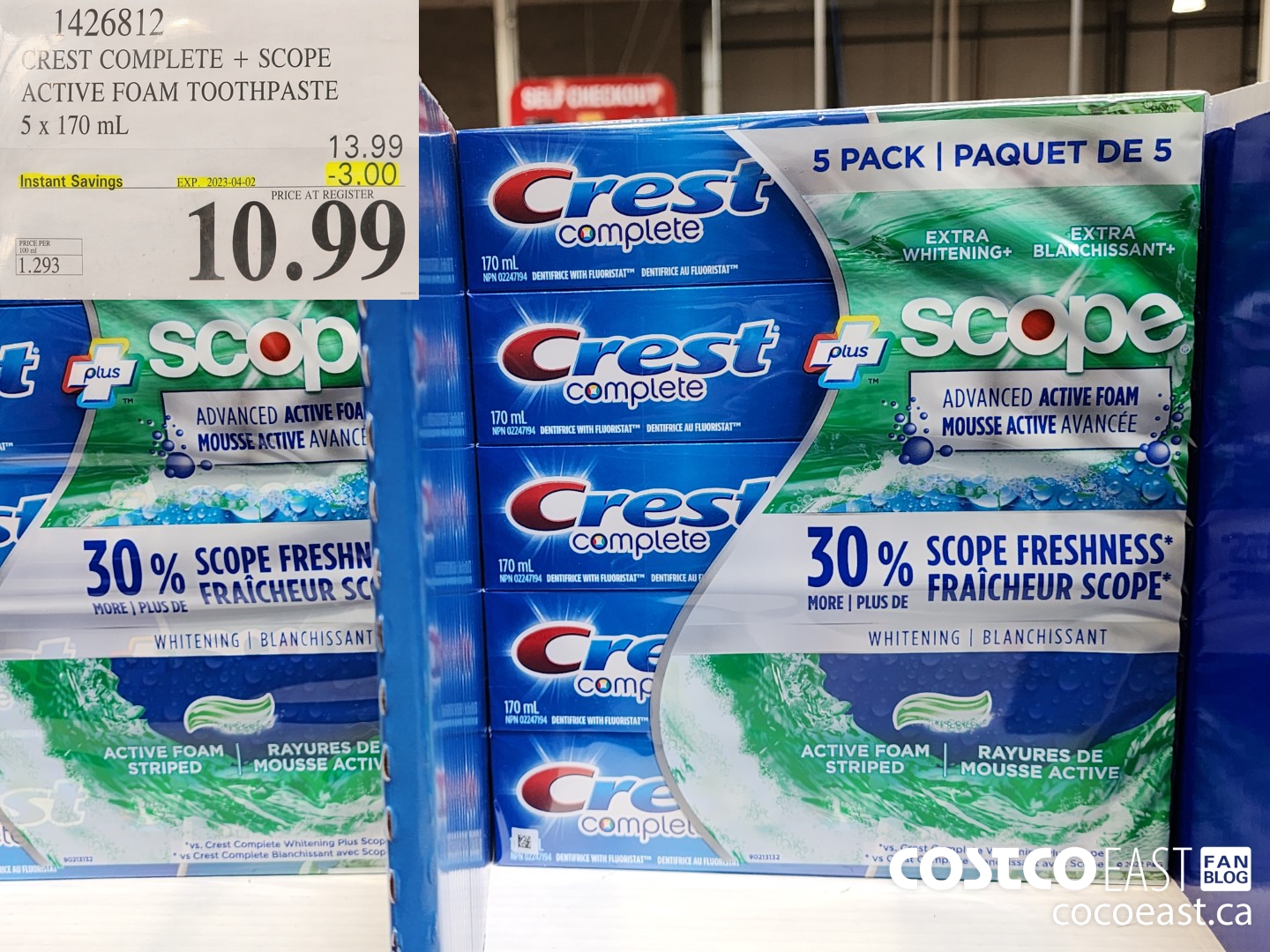 1426812 CREST COMPLETE + SCOPE ACTIVE FOAM TOOTHPASTE 5 X 170 ML ($3.00 INSTANT SAVINGS EXPIRES ON 2023-04-02) $10.99