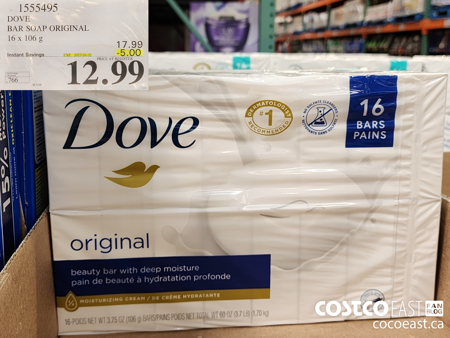 1555495 DOVE BAR SOAP ORIGINAL 16 x 106 g ($5.00 INSTANT SAVINGS EXPIRES ON 2023-04-02) $12.99