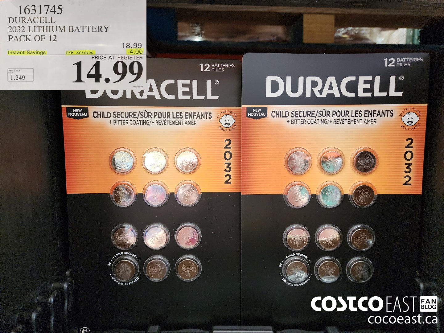 1631745 DURACELL 2032 LITHIUM BATTERY PACK OF 12 ($4.00 INSTANT SAVINGS EXPIRES ON 2023-03-26) $14.99