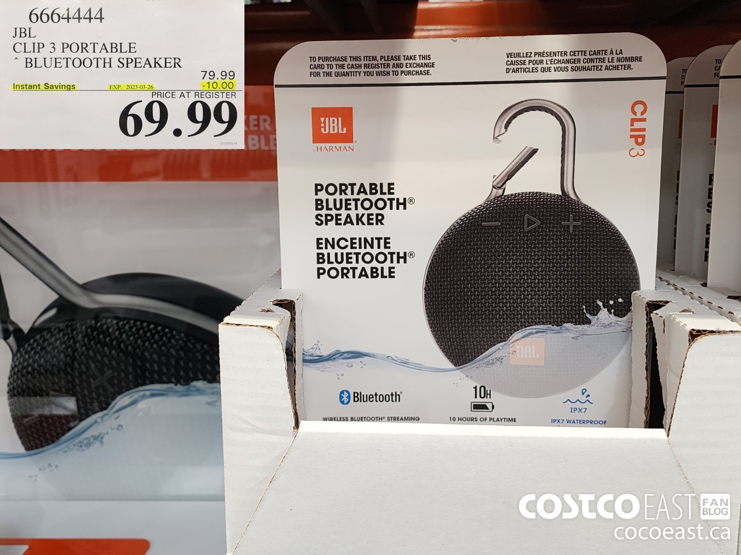 6664444 JBL CLIP 3 PORTABLE BLUETOOTH SPEAKER ($10.00 INSTANT SAVINGS EXPIRES ON 2022-08-28) $69.99