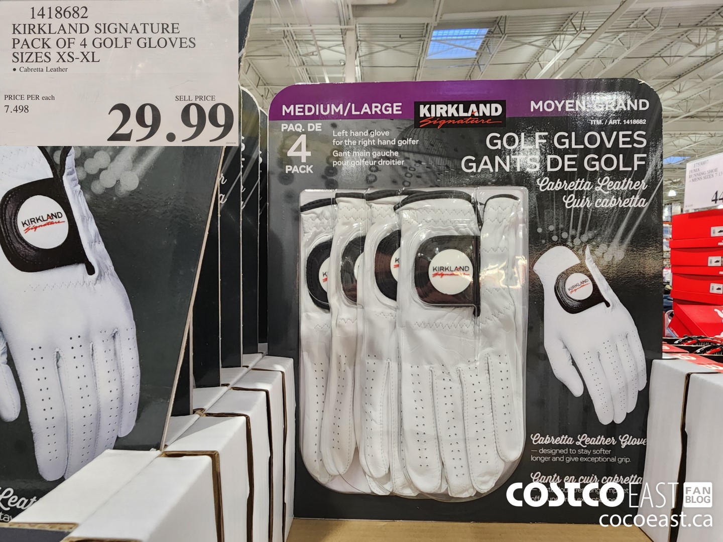 1418682 KIRKLAND SIGNATURES PACK OF 4 GOLF GLOVES SIZES XS-XL $29.99