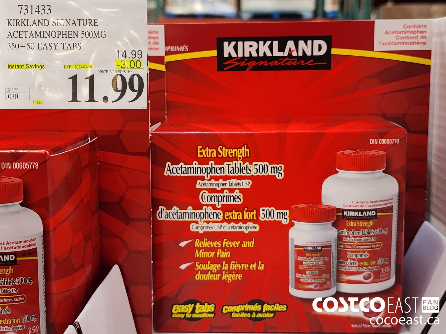 731433 KIRKLAND SIGNATURE ACETAMINOPHEN 500MG 350 + 50 EASY TABS ($3.00 INSTANT SAVINGS EXPIRES ON 2023-03-26) $11.99