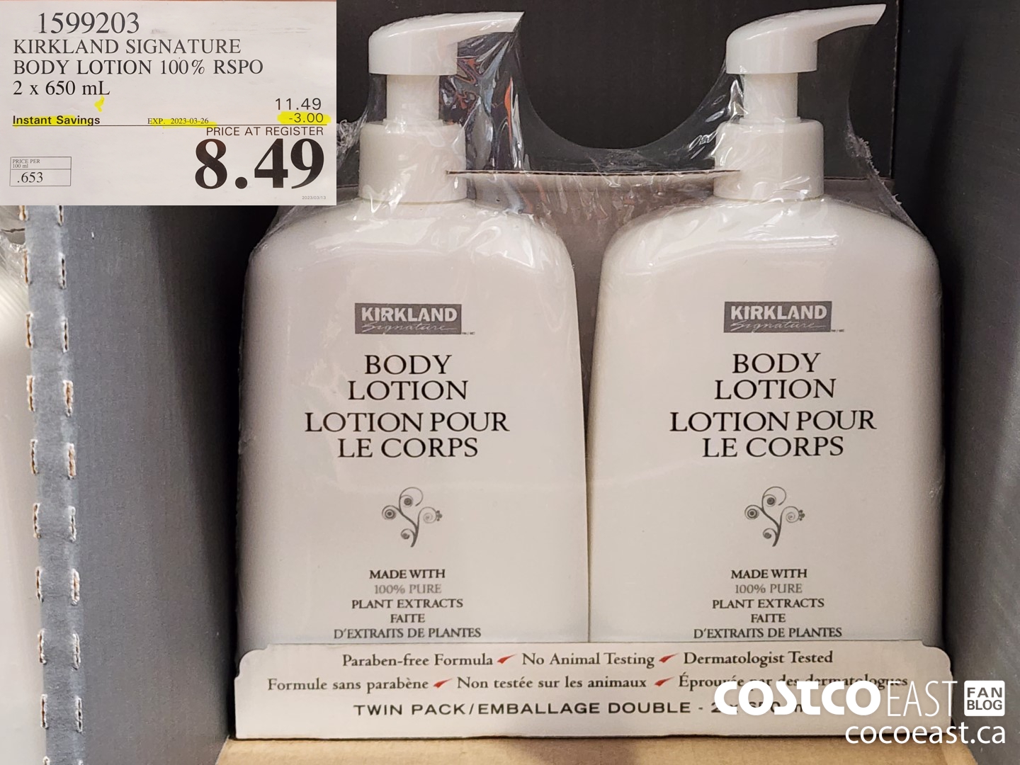1599203 KIRKLAND SIGNATURE BODY LOTION 100% RSPO 2 x 650 mL ($3.00 INSTANT SAVINGS EXPIRES ON 2023-03-26) $8.49