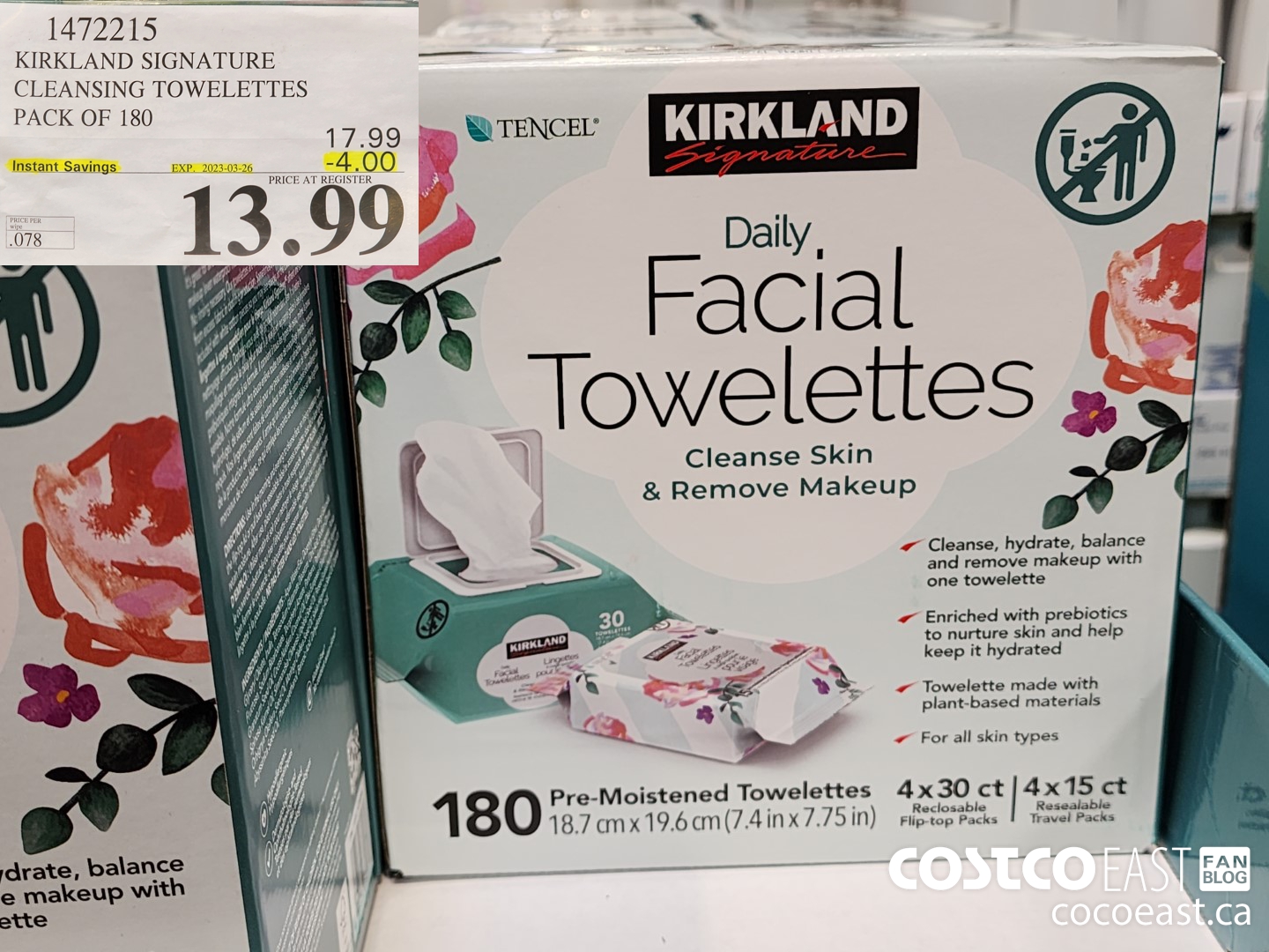 1472215 KIRKLAND SIGNATURE CLEANSING TOWELETTES PACK OF 180 ($4.00 INSTANT SAVINGS EXPIRES ON 2023-03-26) $13.99