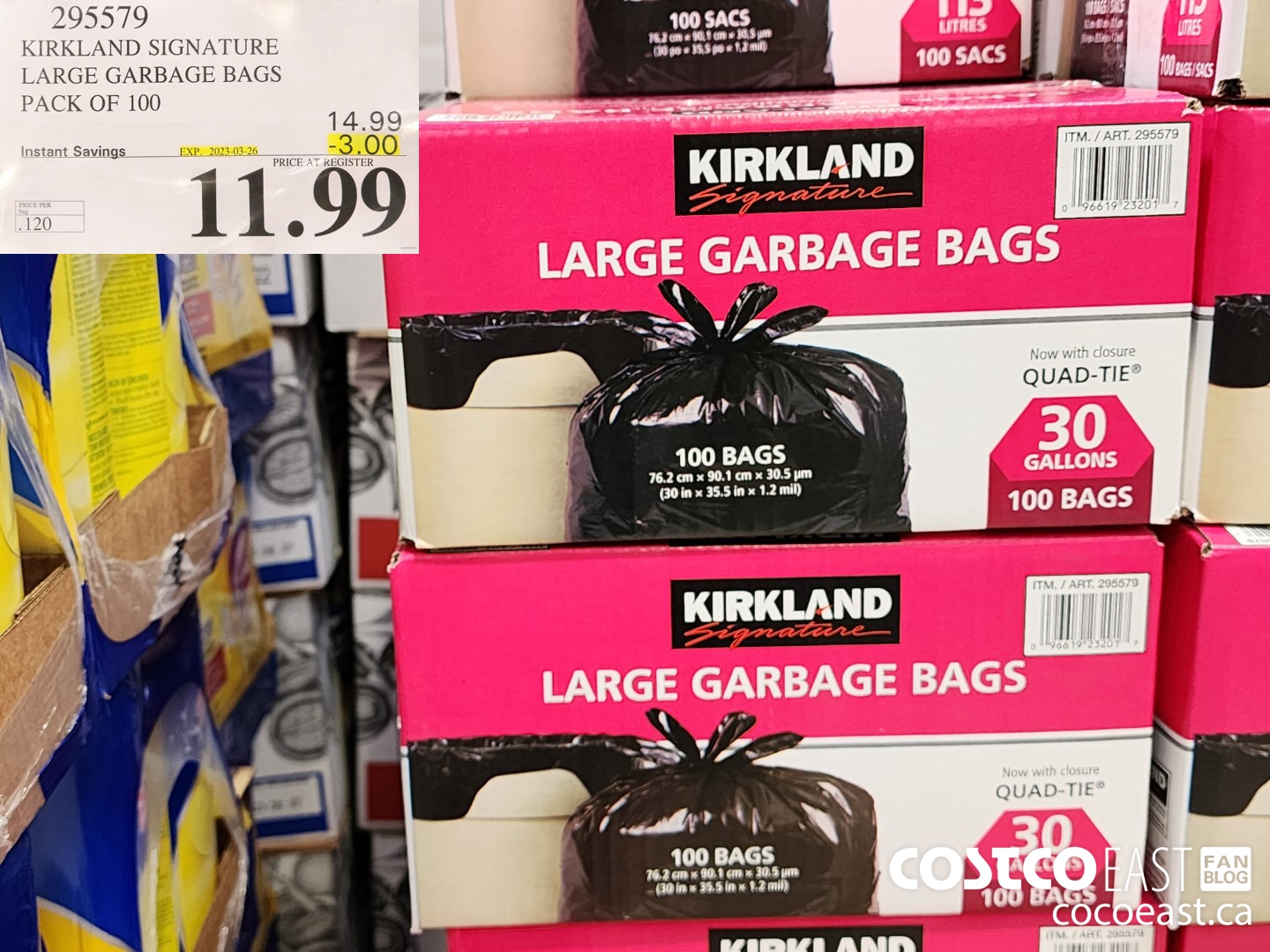 295579 KIRKLAND SIGNATURE LARGE GARBAGE BAGS 100 ($3.00 INSTANT SAVINGS EXPIRES ON 2023-03-26) $11.99
