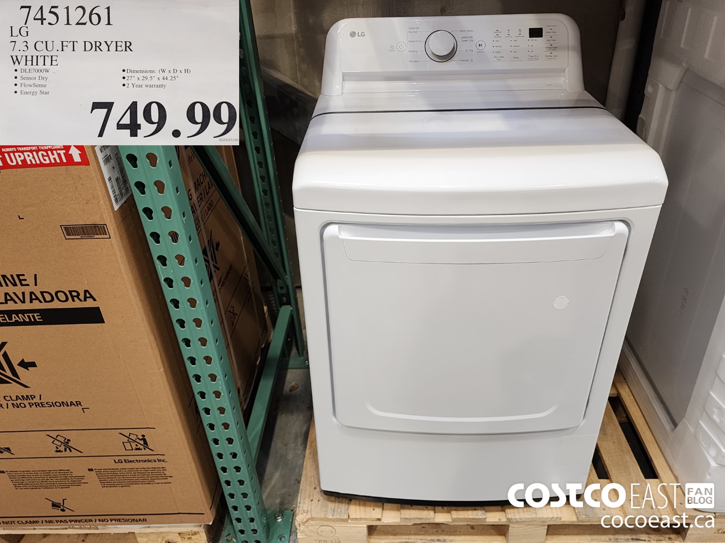 7451261 LG 7.3 CU.FT DRYER WHITE $749.99