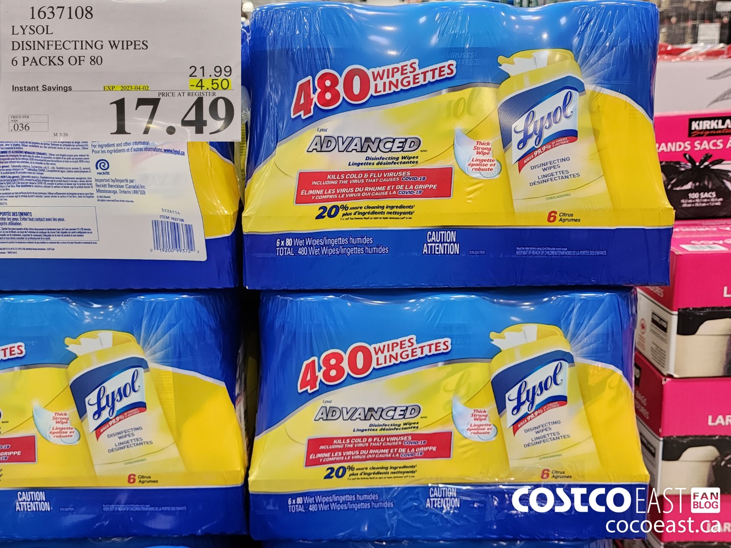1637108 LYSOL DISINFECTING WIPES 6 PACKS OF 80 ($4.50 INSTANT SAVINGS EXPIRES ON 2023-04-02) $17.49