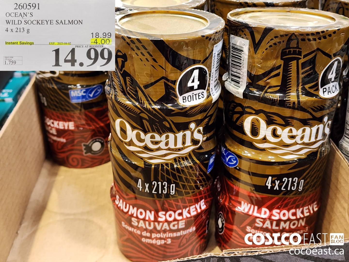 260591 OCEAN'S WILD SOCKEYE SALMON 4 x 213 G ($4.00 INSTANT SAVINGS EXPIRES ON 2023-04-02) $14.99