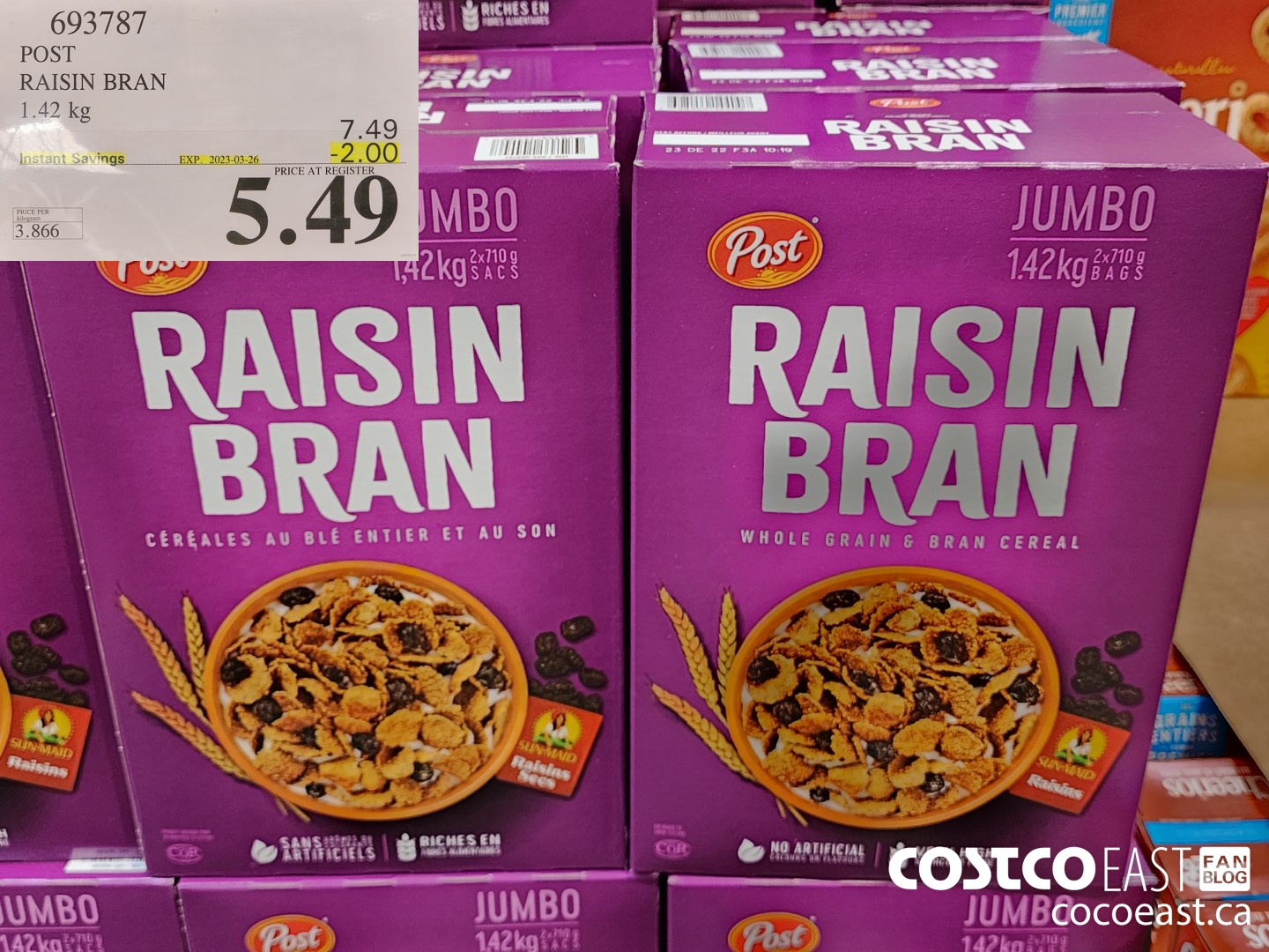 693787 POST RAISIN BRAN 1.42 kg ($2.00 INSTANT SAVINGS EXPIRES ON 2023-03-26) $5.49