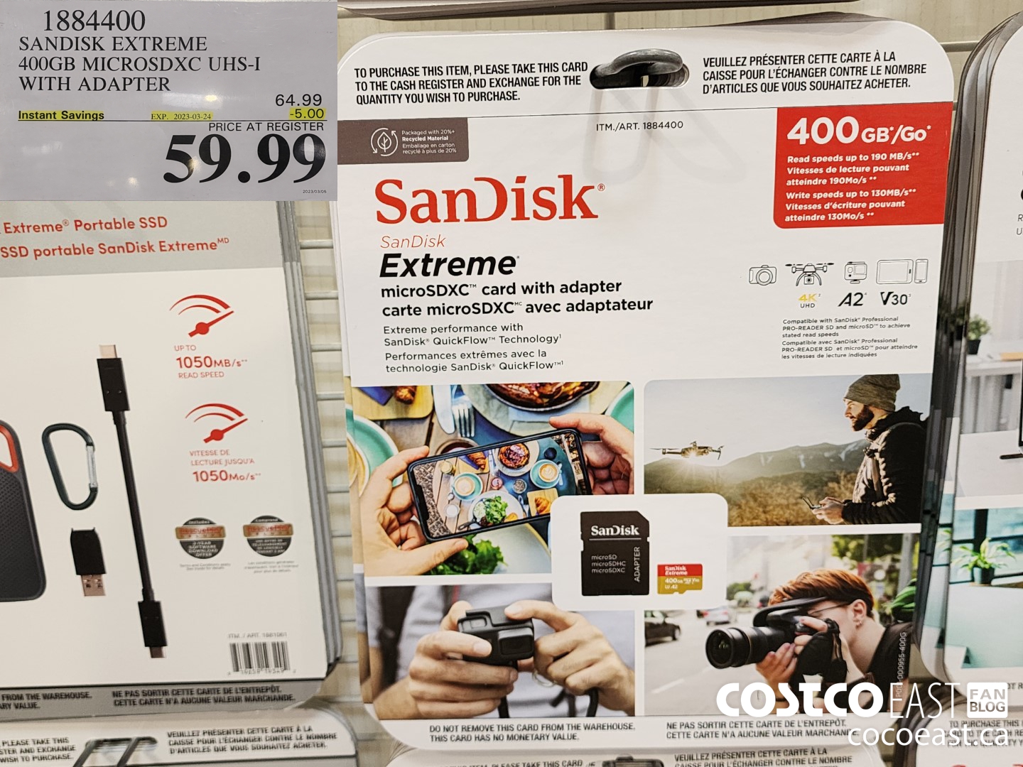 1884400 SANDISK EXTREME 400GB MICROSDXC UHS-I WITH ADAPTER ($5.00 INSTANT SAVINGS EXPIRES ON 2023-03-24) $59.99