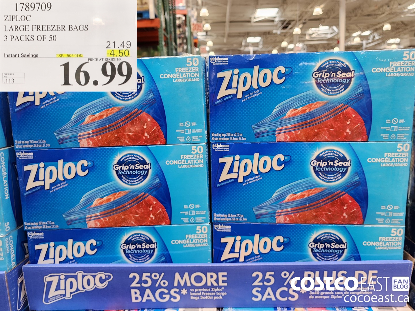 1789709 ZIPLOC LARGE FREEZER BAGS 3 PACKS OF BAGS 50 ($4.50 INSTANT SAVINGS EXPIRES ON 2023-04-02) $16.99