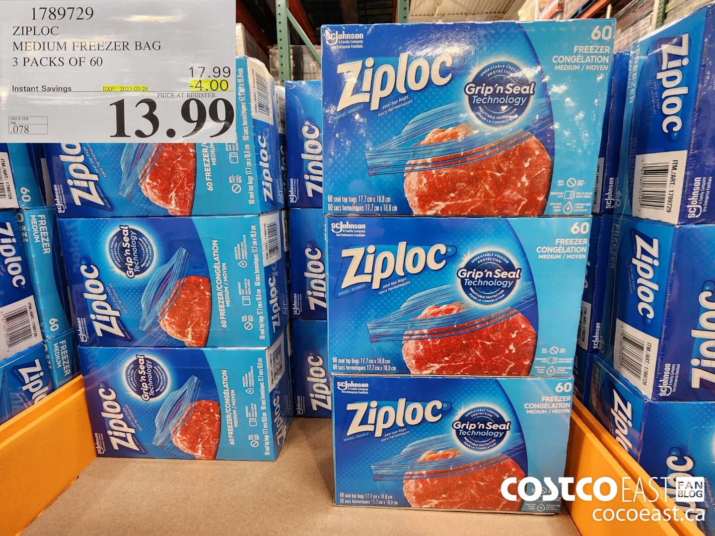 1789729 ZIPLOC MEDIUM FREEZER BAG 3 x 60 bags ($4.00 INSTANT SAVINGS EXPIRES ON 2023-03-26) $13.99