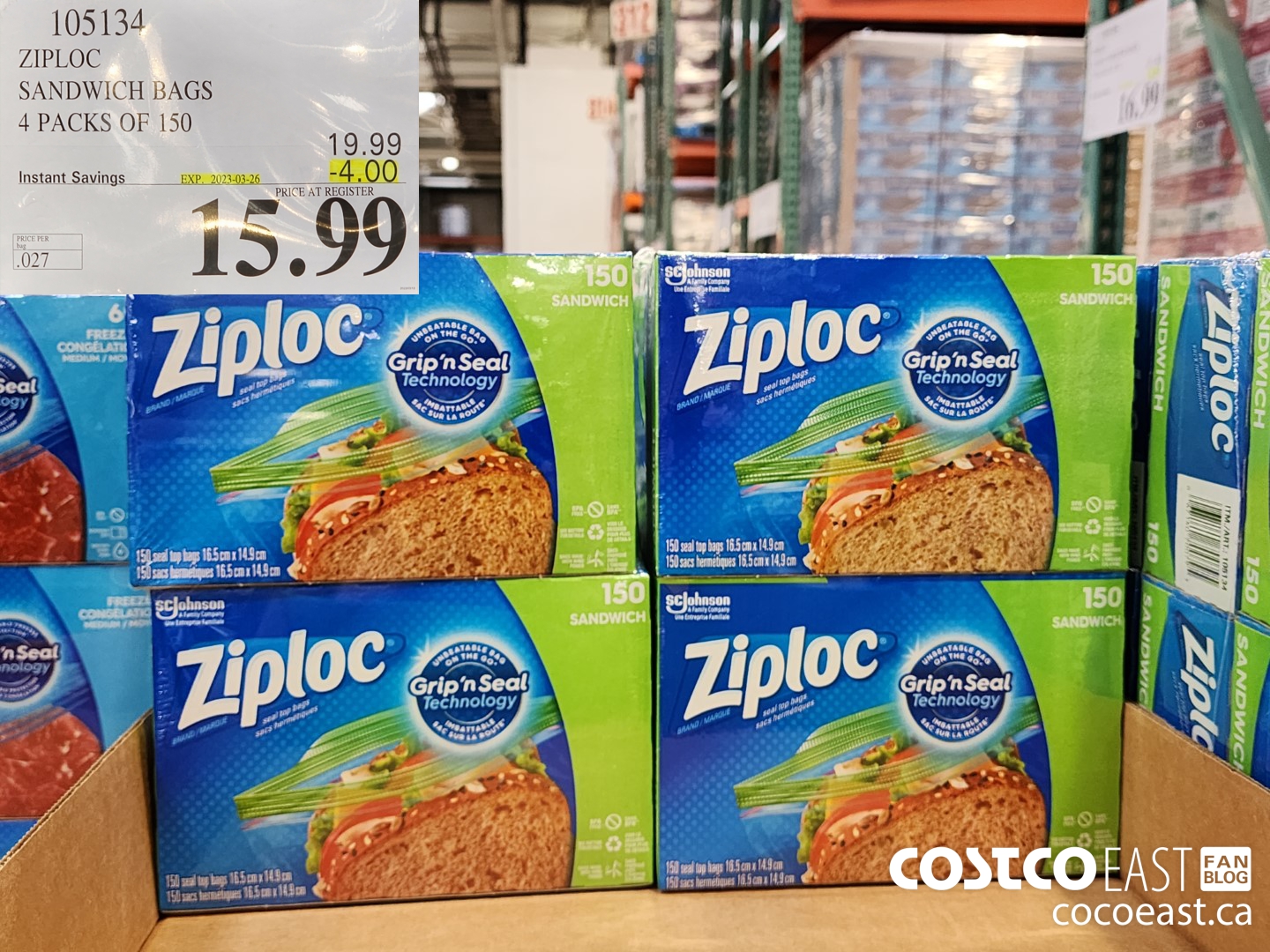 105134 ZIPLOC SANDWICH BAGS 4 PACKS OF 150 ($4.00 INSTANT SAVINGS EXPIRES ON 2023-03-26) $15.99