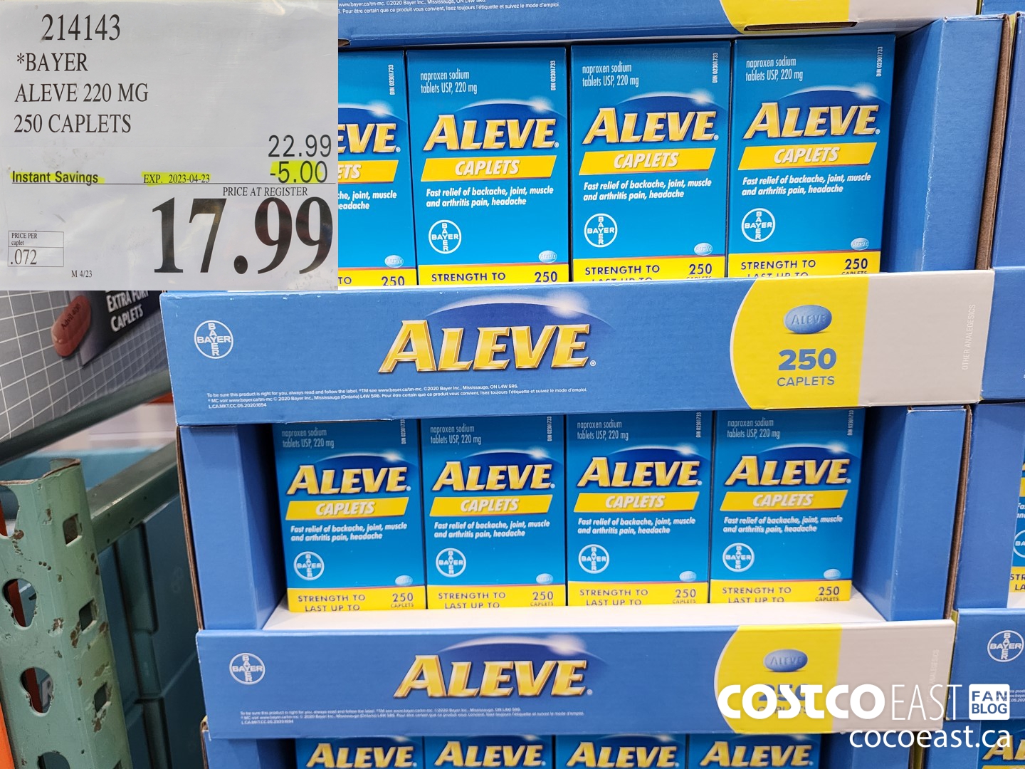 214143 BAYER ALEVE 220 MG 250 CAPS ($5.00 INSTANT SAVINGS EXPIRES ON 2023-04-23) $17.99