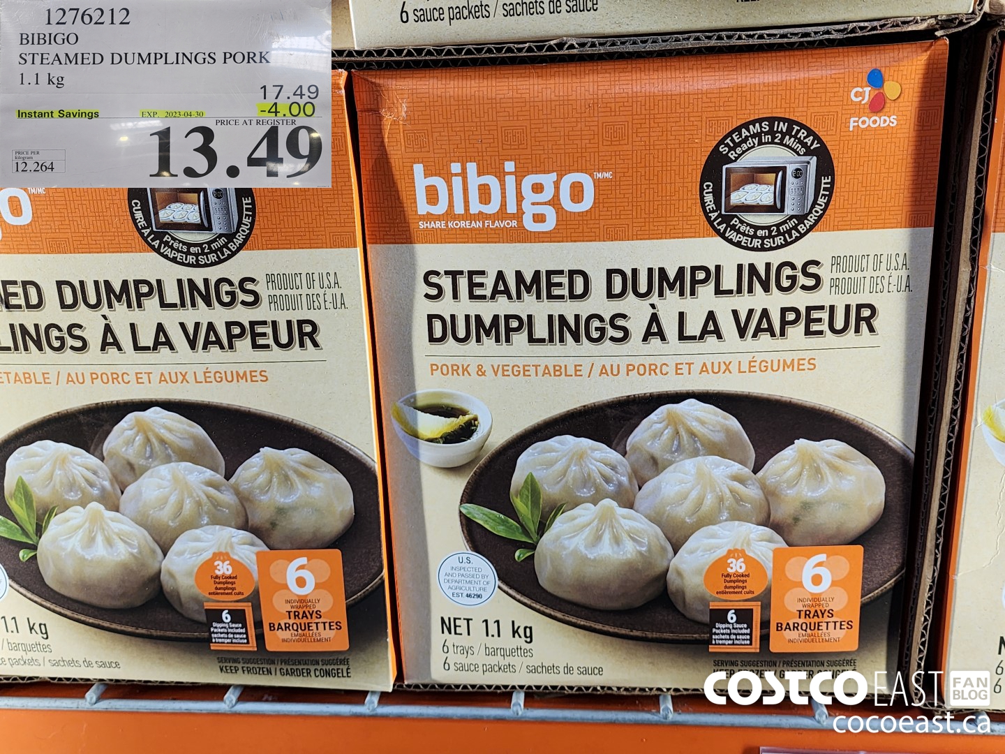 1276212 BIBIGO STEAMED DUMPLINGS PORK 1.1 KG ($4.00 INSTANT SAVINGS EXPIRES ON 2023-04-30) $13.49