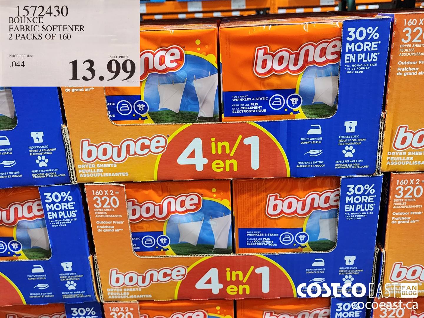 1572430 BOUNCE FABRIC SOFTENER 2 PACKS OF 160 $13.99