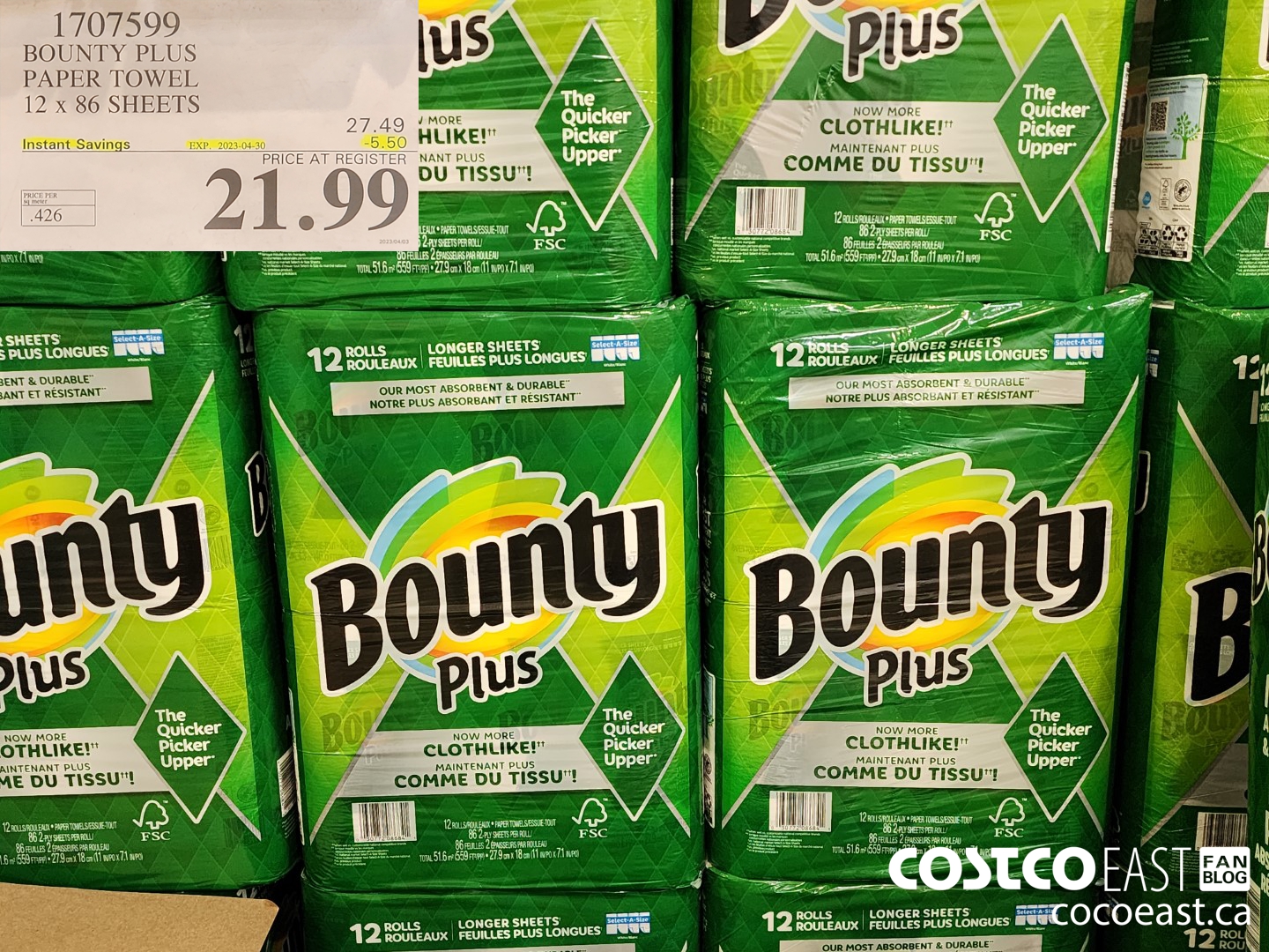 1707599 BOUNTY PLUS PAPER TOWEL 12 x 86 sheets ($5.50 INSTANT SAVINGS EXPIRES ON 2023-04-30) $21.99