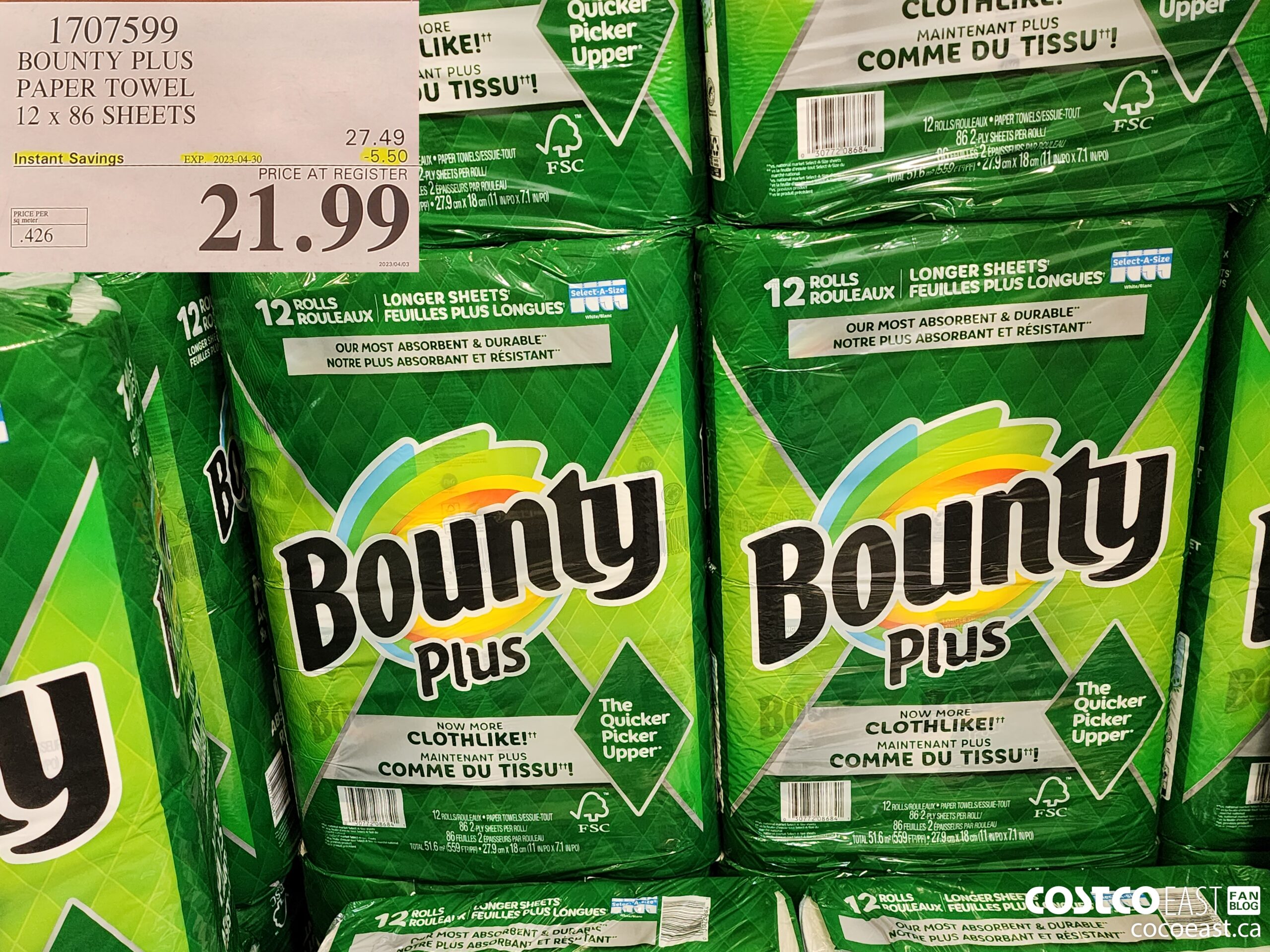 1707599 BOUNTY PLUS PAPER TOWEL 12 x 86 sheets ($5.50 INSTANT SAVINGS EXPIRES ON 2023-04-30) $21.99